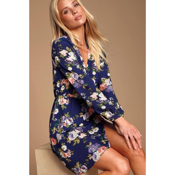 LULU'S Mini Floral Dress Faux Wrap LongSleeve V-Neck Cocktail Blue Cottagecore - Picture 12 of 12